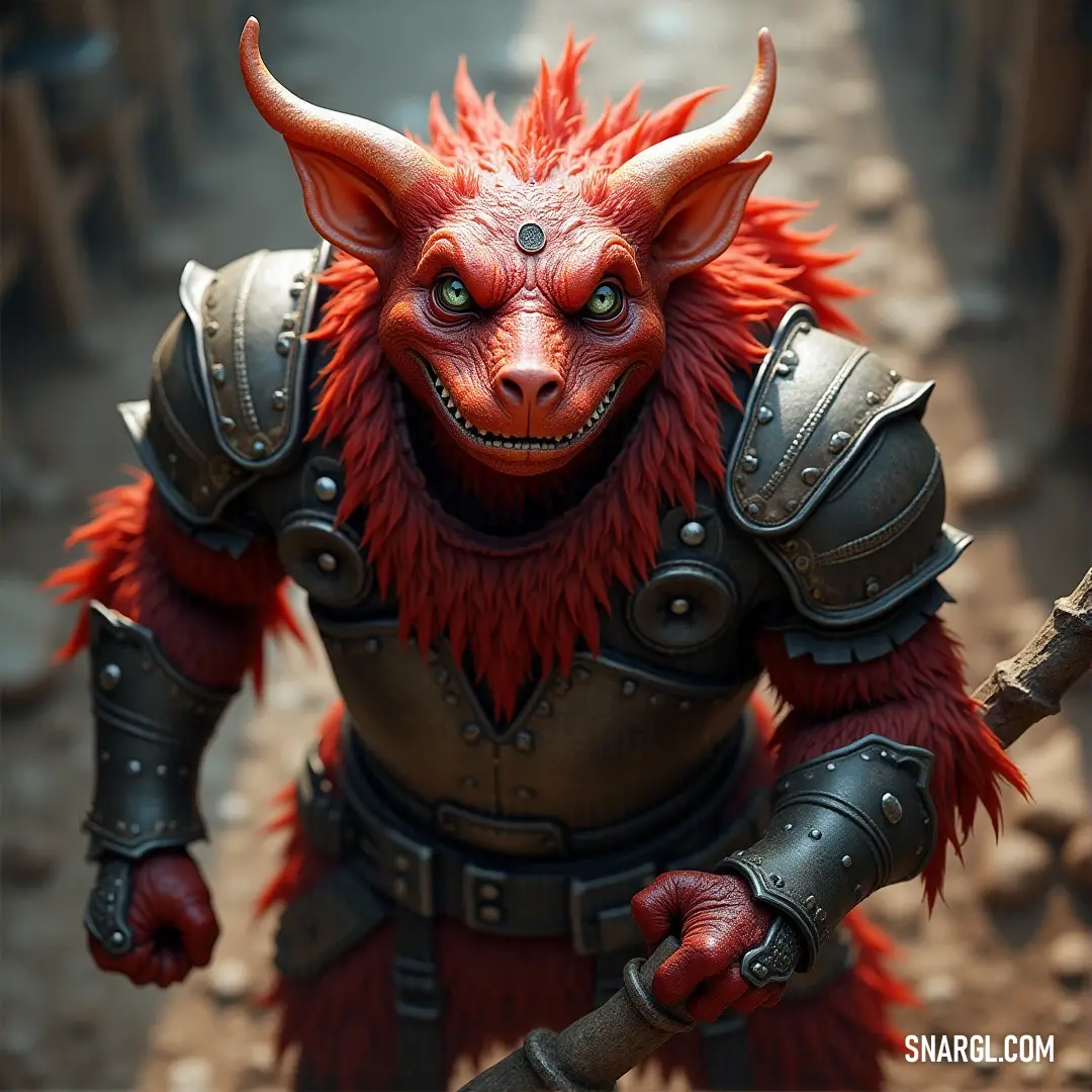 A towering, horned creature named Red Gobble stands with a stick in hand, his intimidating appearance made all the more striking by his leather garb and menacing presence. A strange, large-headed figure known as Red Gobble stands proudly, horns protruding from his head, gripping a stick in one hand. His rugged leather outfit adds to the menacing vibe, with his fierce gaze challenging the world around him.
