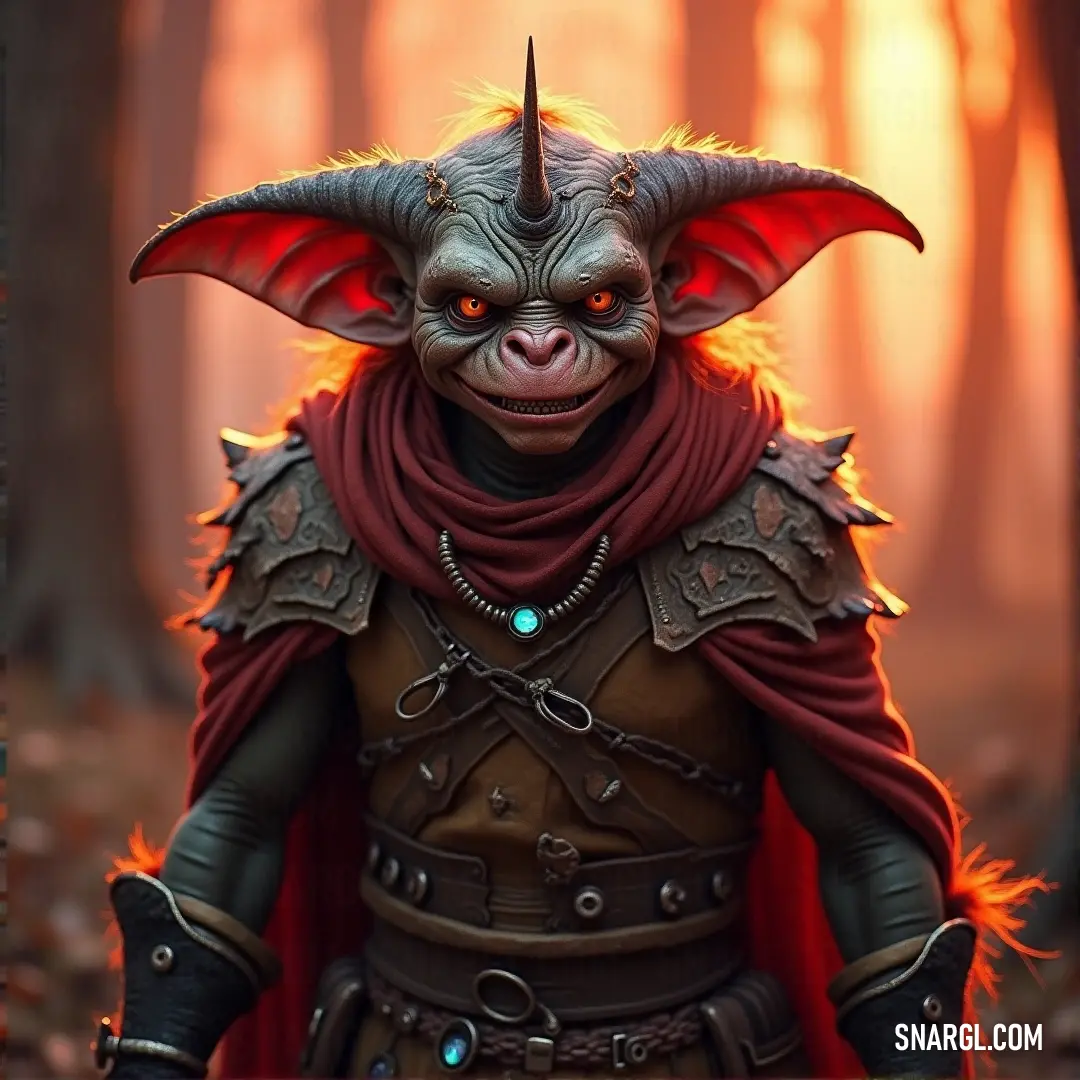 Goblin King with horns and a red cape in a forest with trees and leaves in the background