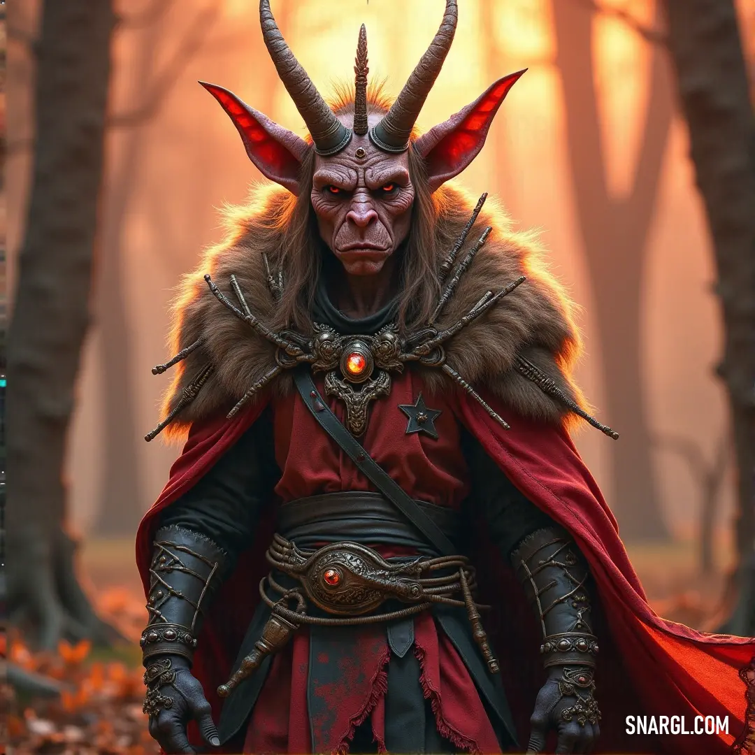 Goblin King dressed in a horned costume and a red cape with horns on his head