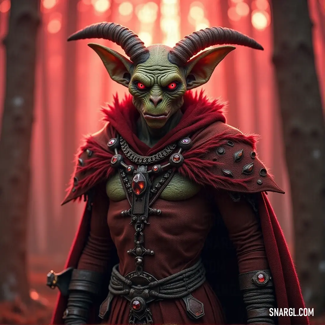 Goblin King in a red outfit with horns on his head