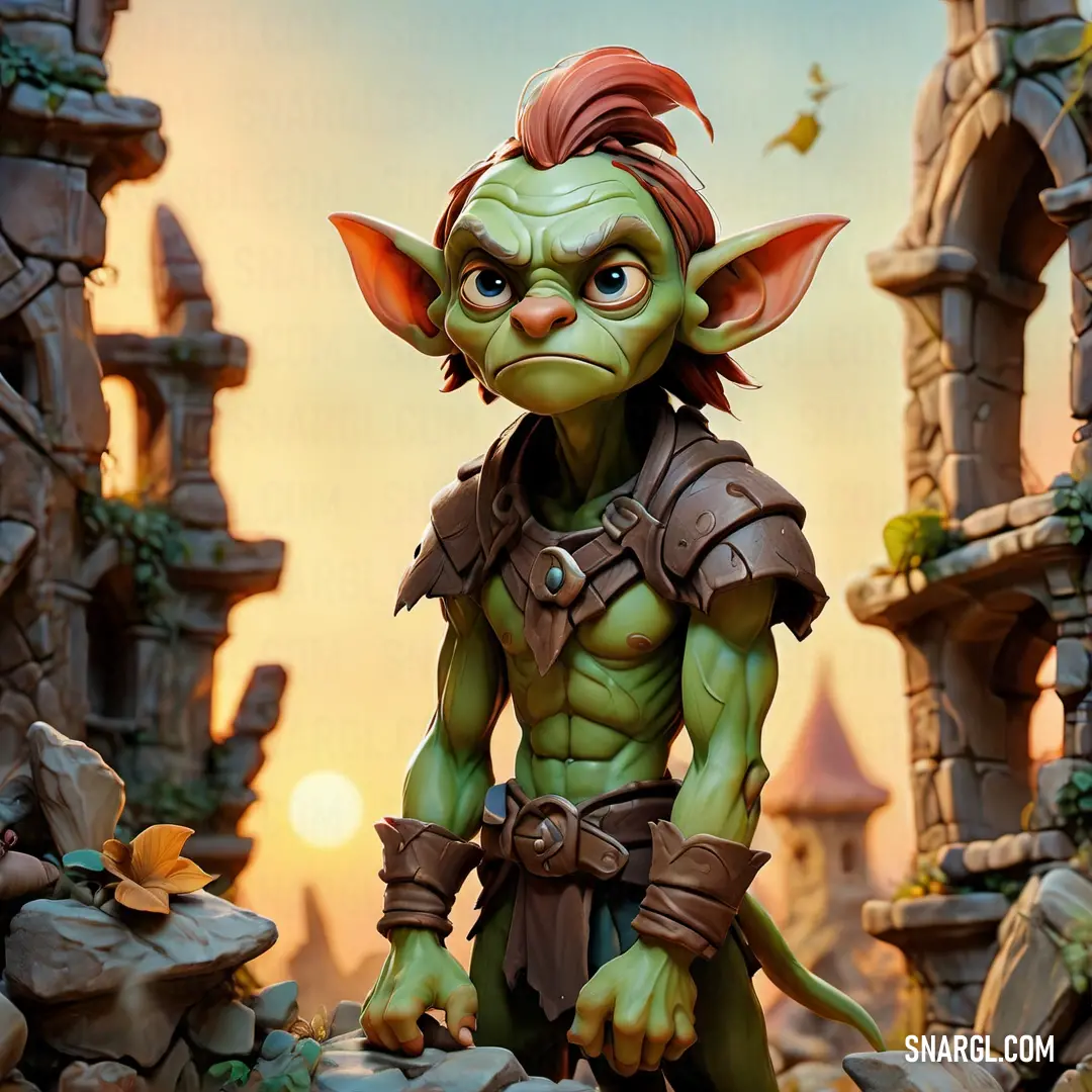 Goblin is standing in a cave with a stone wall and a castle in the background