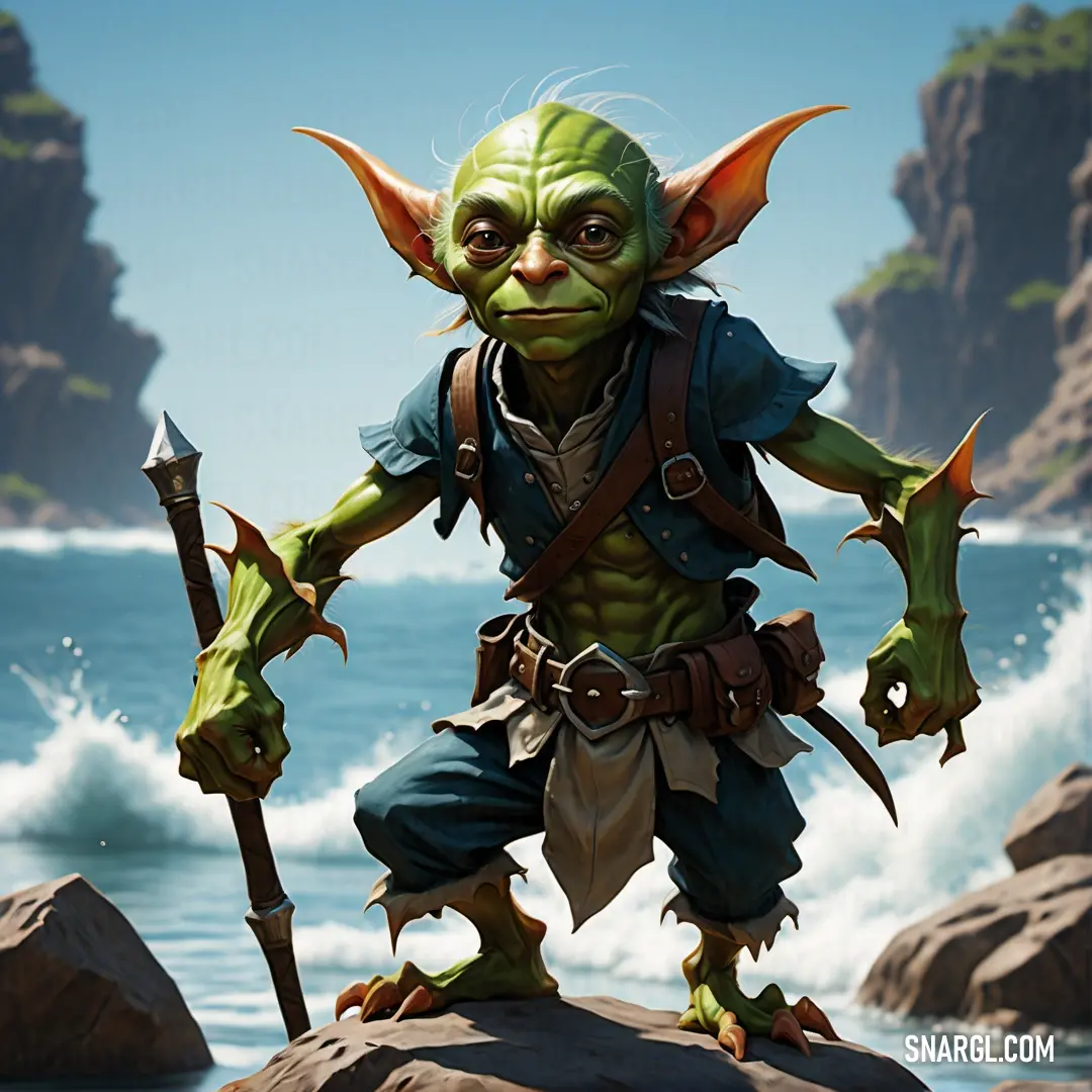 Goblin is standing on a rock by the ocean with a staff in his hand