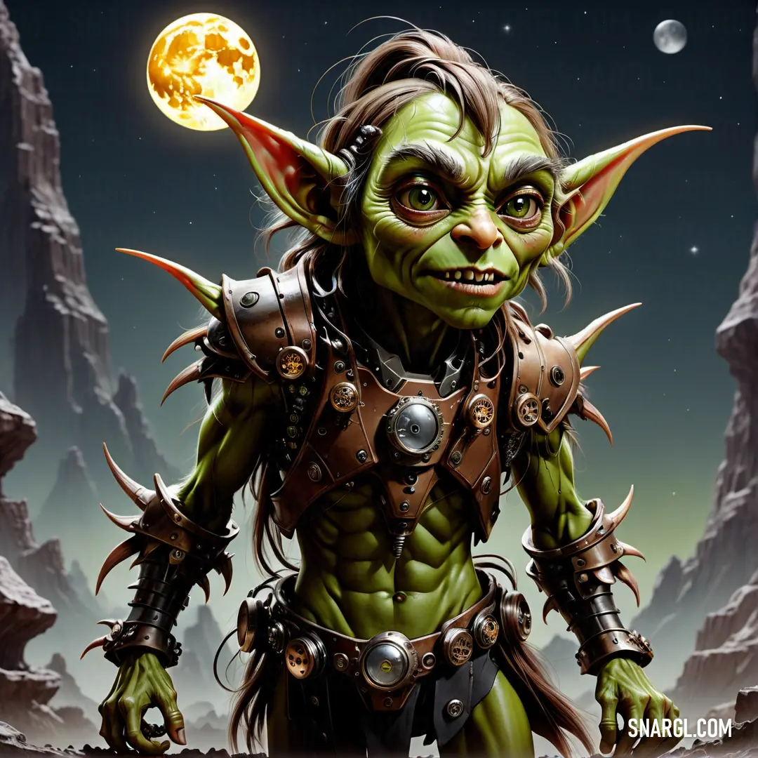 Goblin with a full body of armor and a full moon in the background