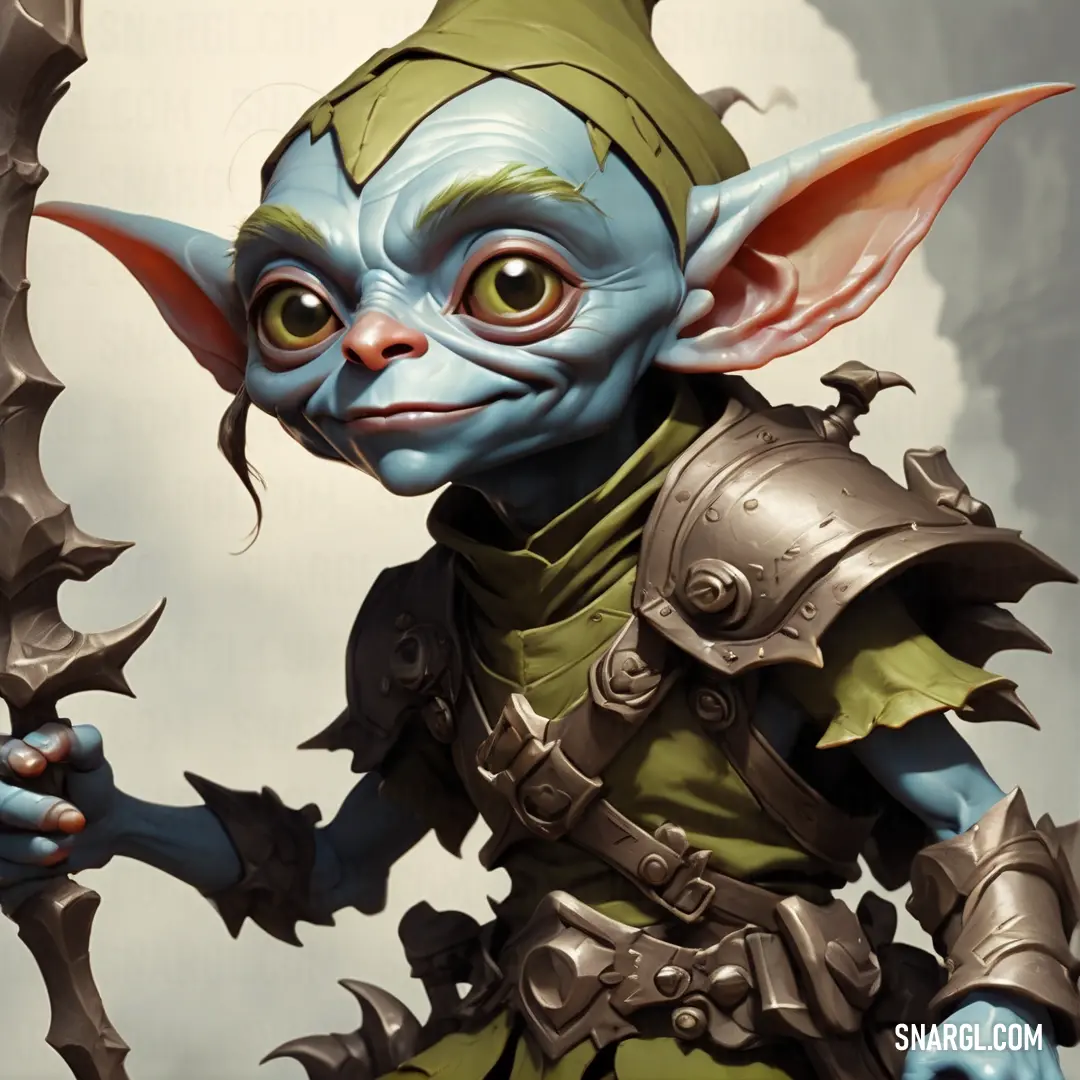 Goblin with a green outfit and a blue face holding a stick and wearing a helmet and armor
