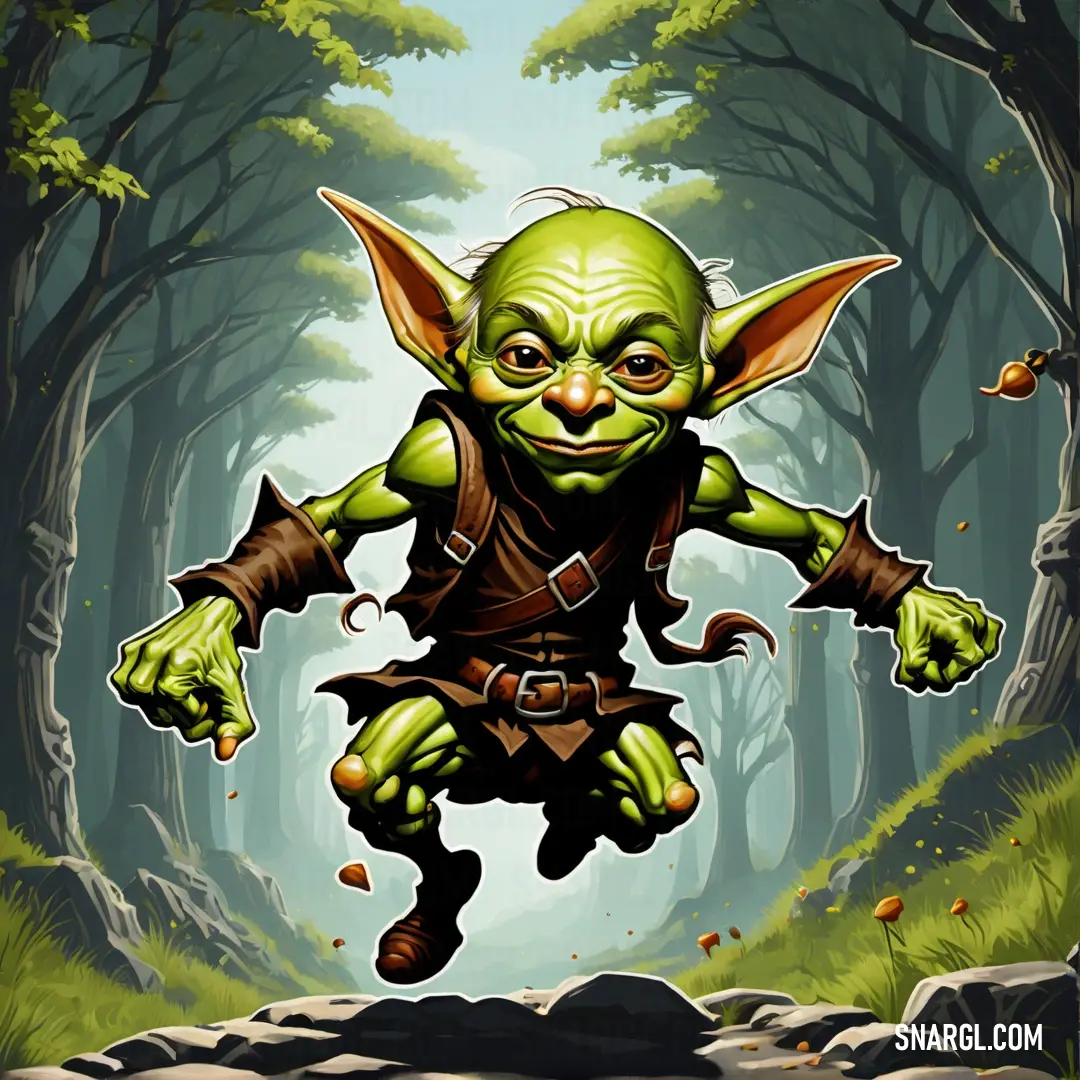 Cartoon character is running through a forest with a green Goblin in his hand and a brown belt around his waist