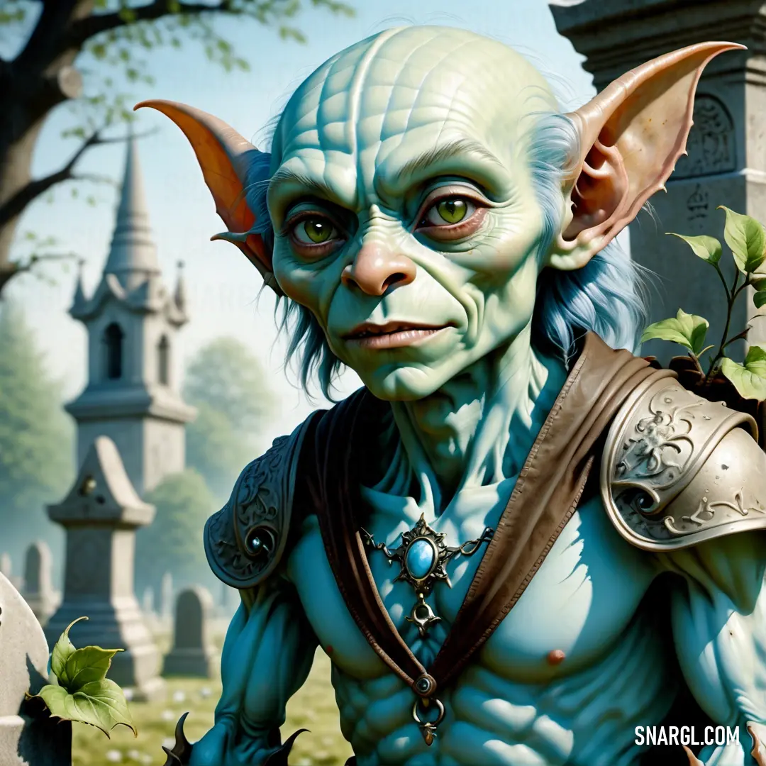 Goblin with a green face and horns on his head and a green outfit on his body and a cemetery in the background
