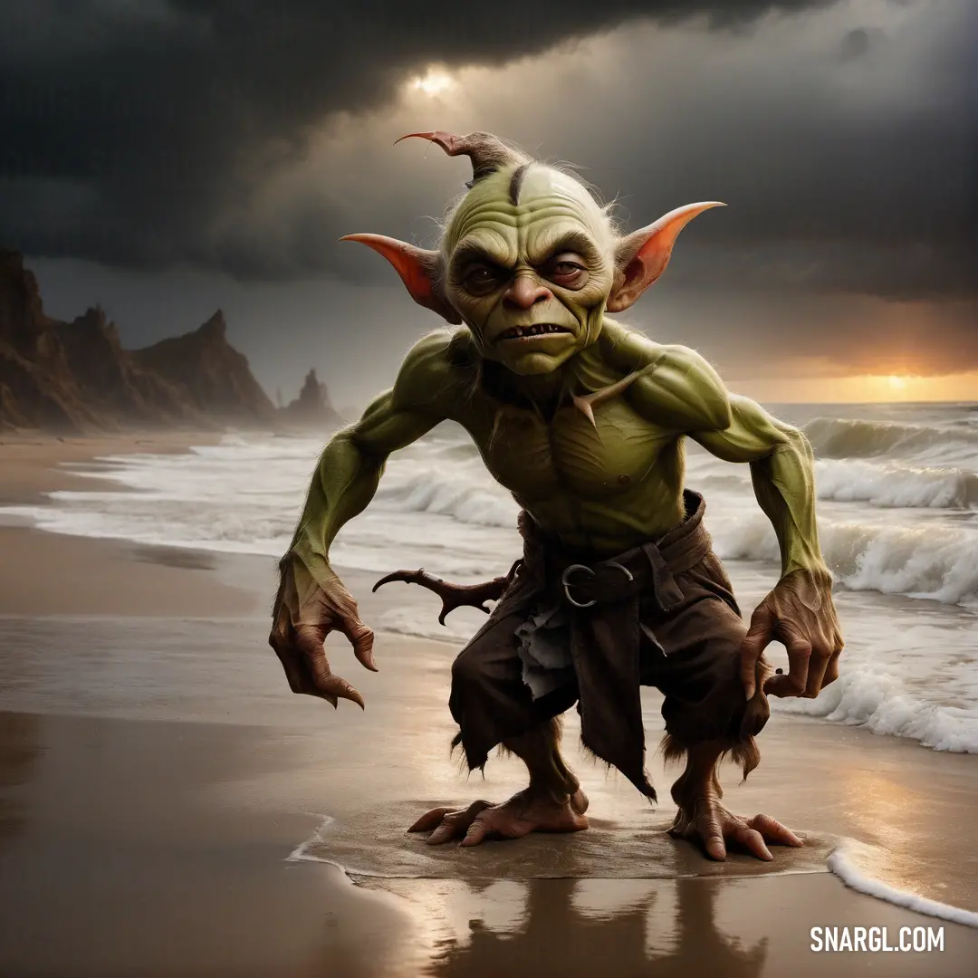 Goblin is standing on the beach in front of the ocean and a dark sky with clouds above
