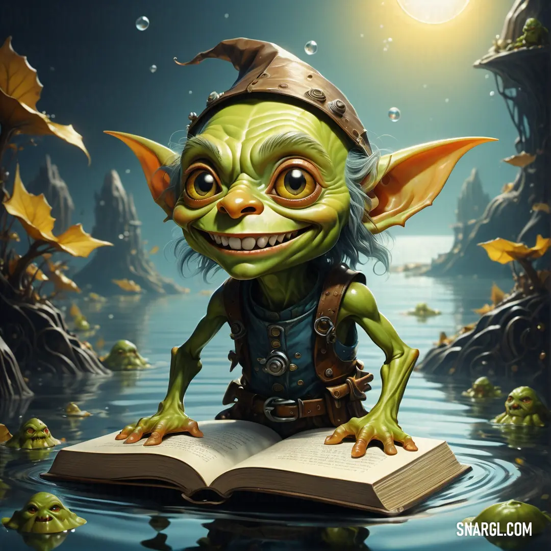 Goblin is reading a book in the water with leaves floating around him and a full moon in the background