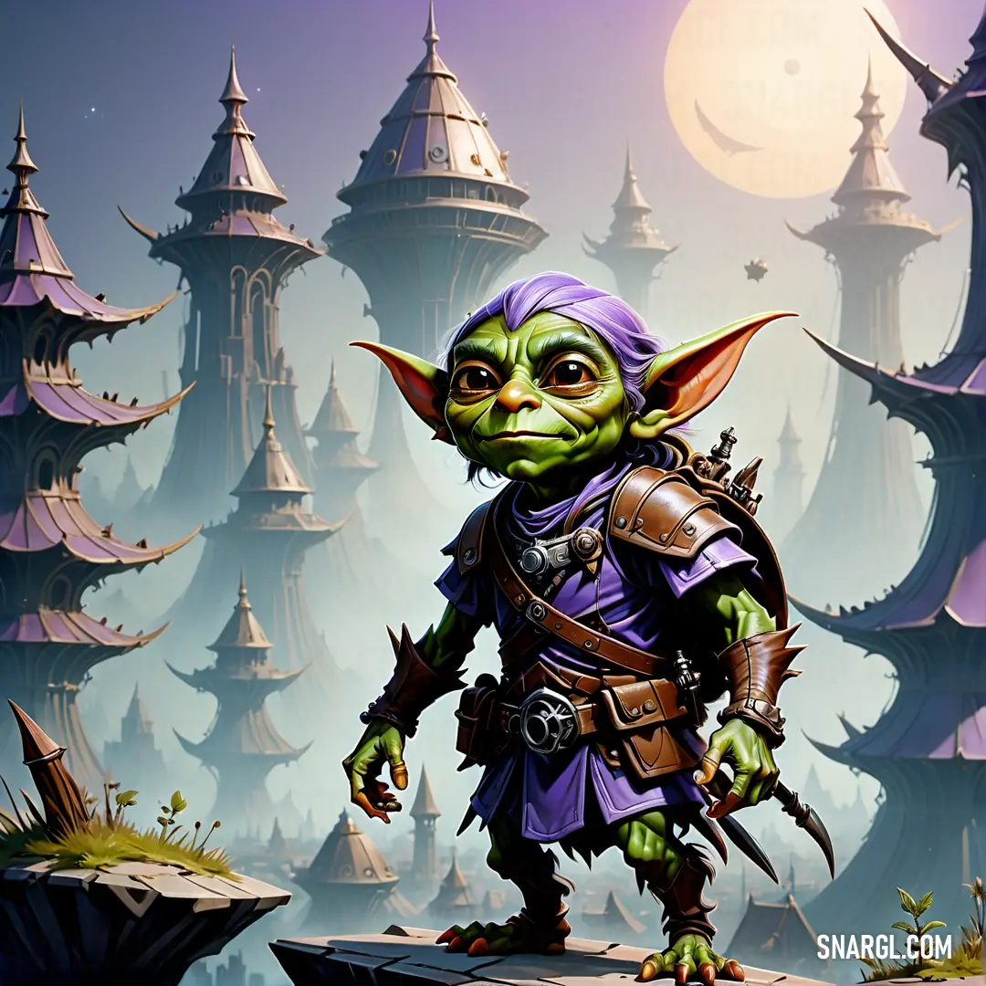 Goblin with a purple outfit and a purple helmet on a rock in front of a forest of trees