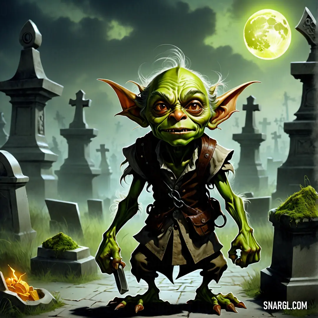 Goblin with a knife in his hand and a cemetery in the background with a full moon in the sky