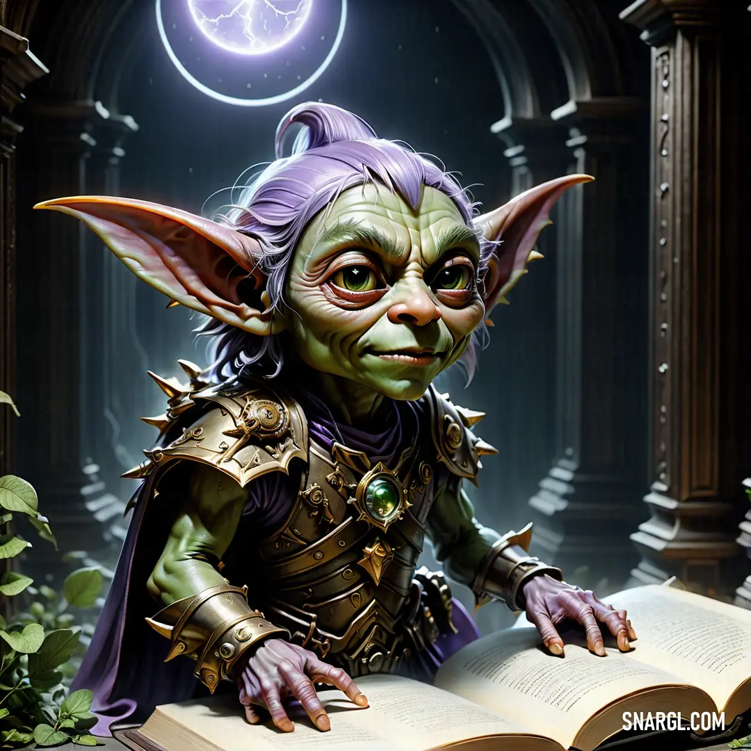Goblin is reading a book in a dark room with a light shining on it's face