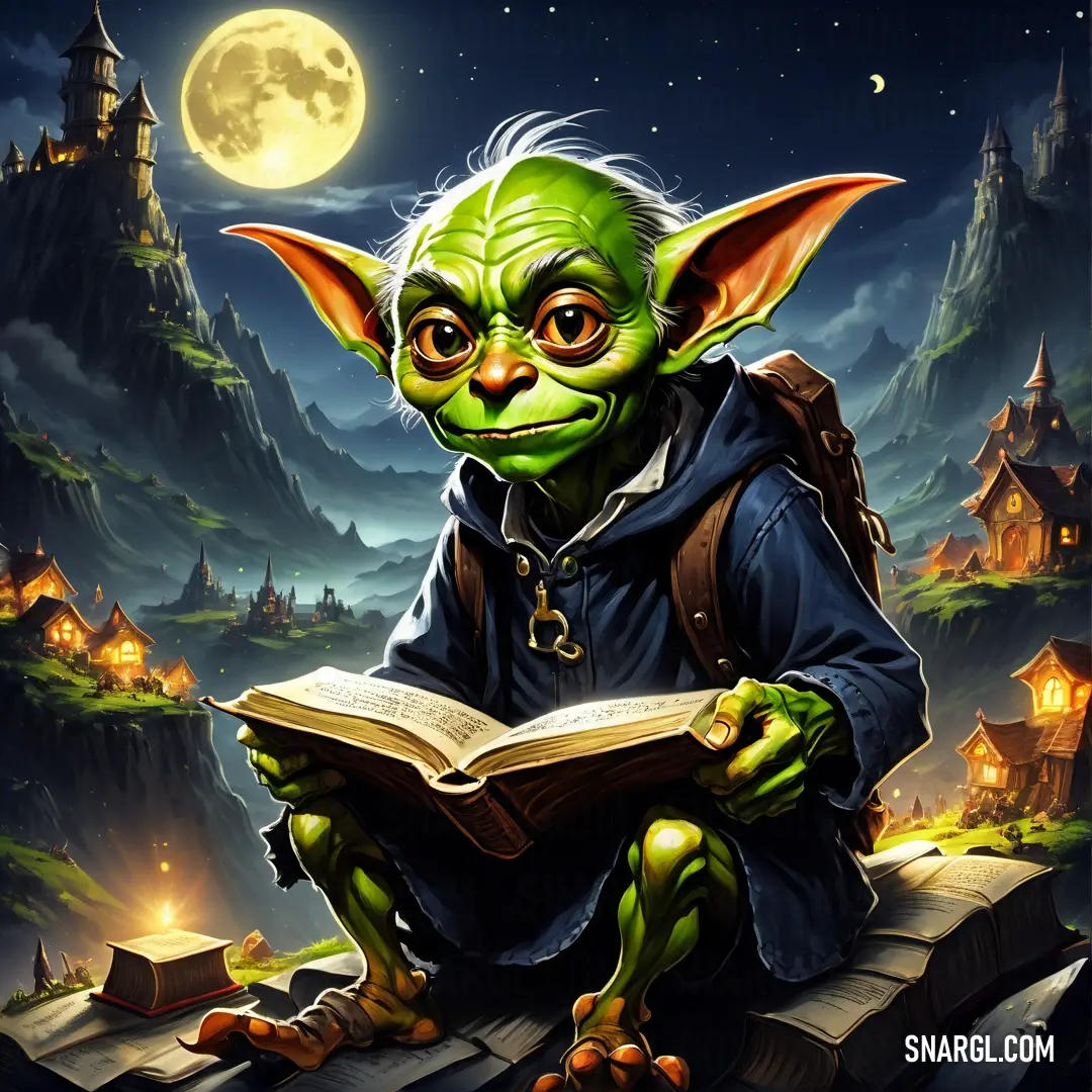 Goblin is reading a book in front of a full moon and castle