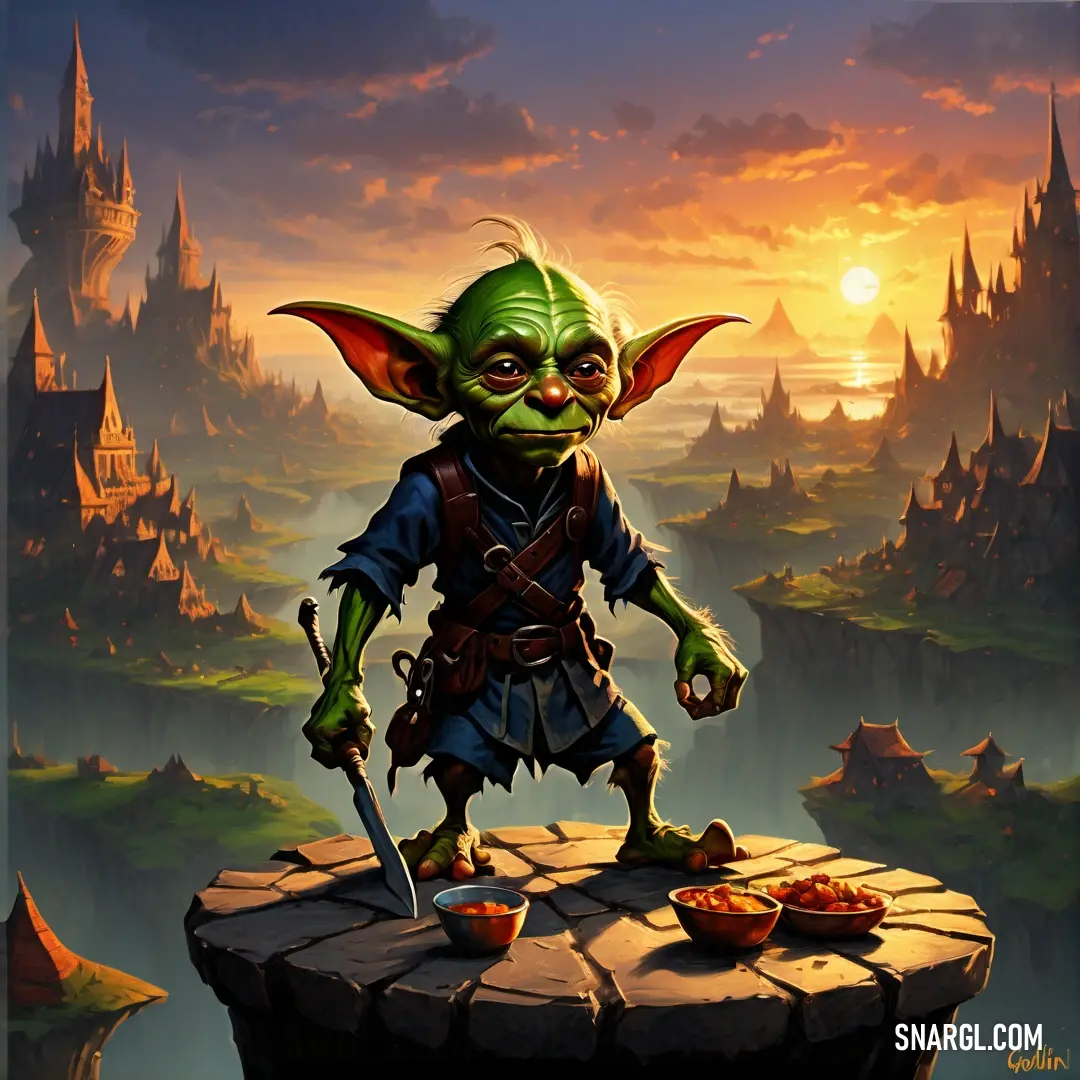 Goblin with a knife and a bowl of food on a rock in front of a castle with a sunset