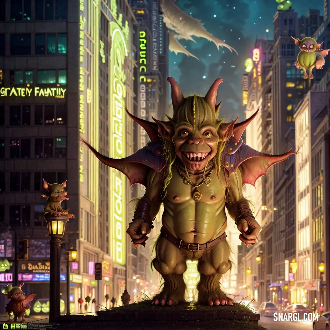 Cartoon of a Goblin with a huge head and horns on a city street at night with a neon sign in the background