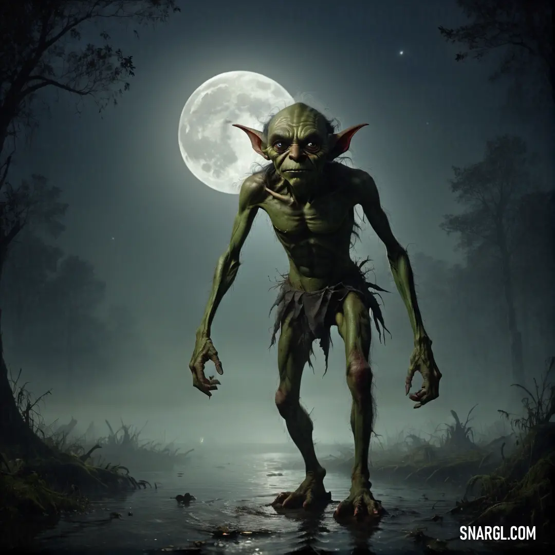 Creepy Goblin standing in the middle of a swamp at night with a full moon in the background and a dark forest