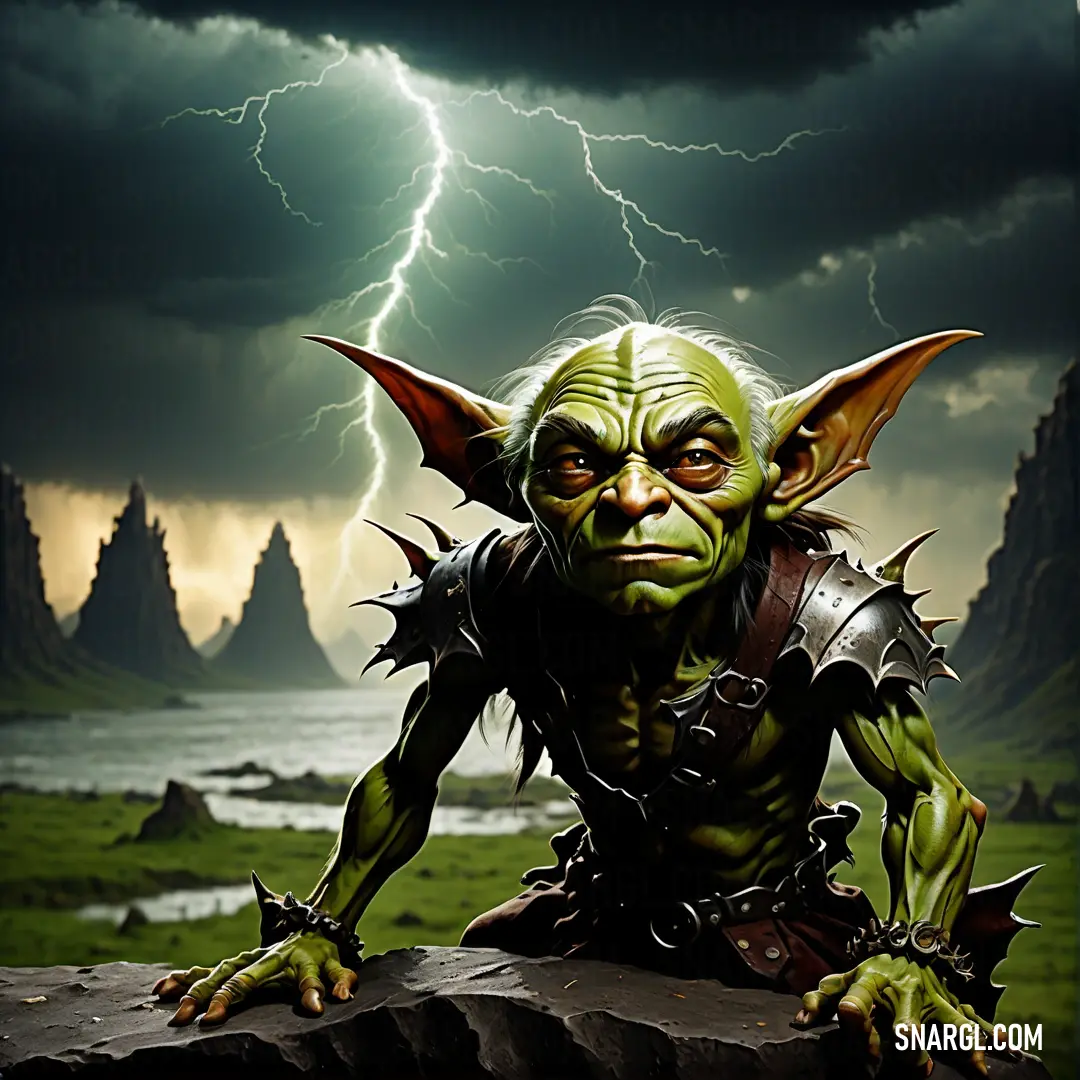 Green Goblin with horns and a lightning bolt in the background