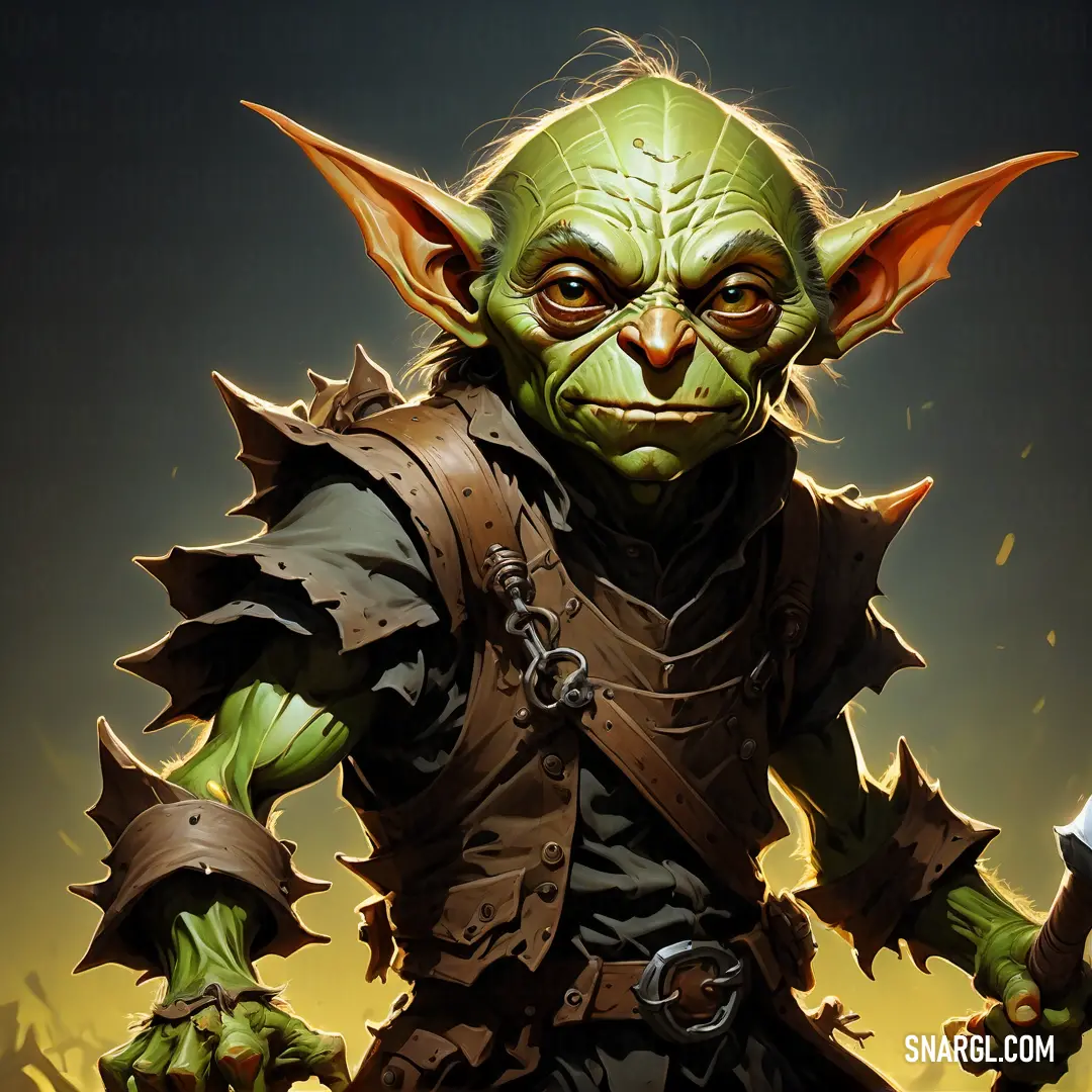 Green troll with a sword in his hand and a chain around his neck