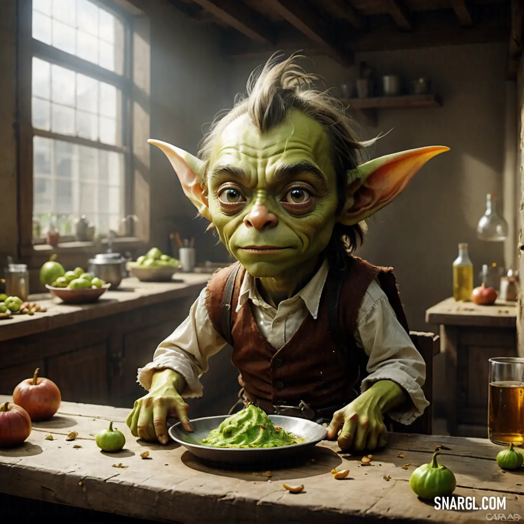 Goblin dressed as a troll eating a plate of food with a glass of beer in front of him