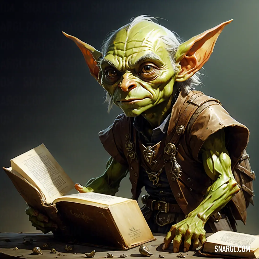 Goblin dressed as a troll reading a book with a flashlight on his face