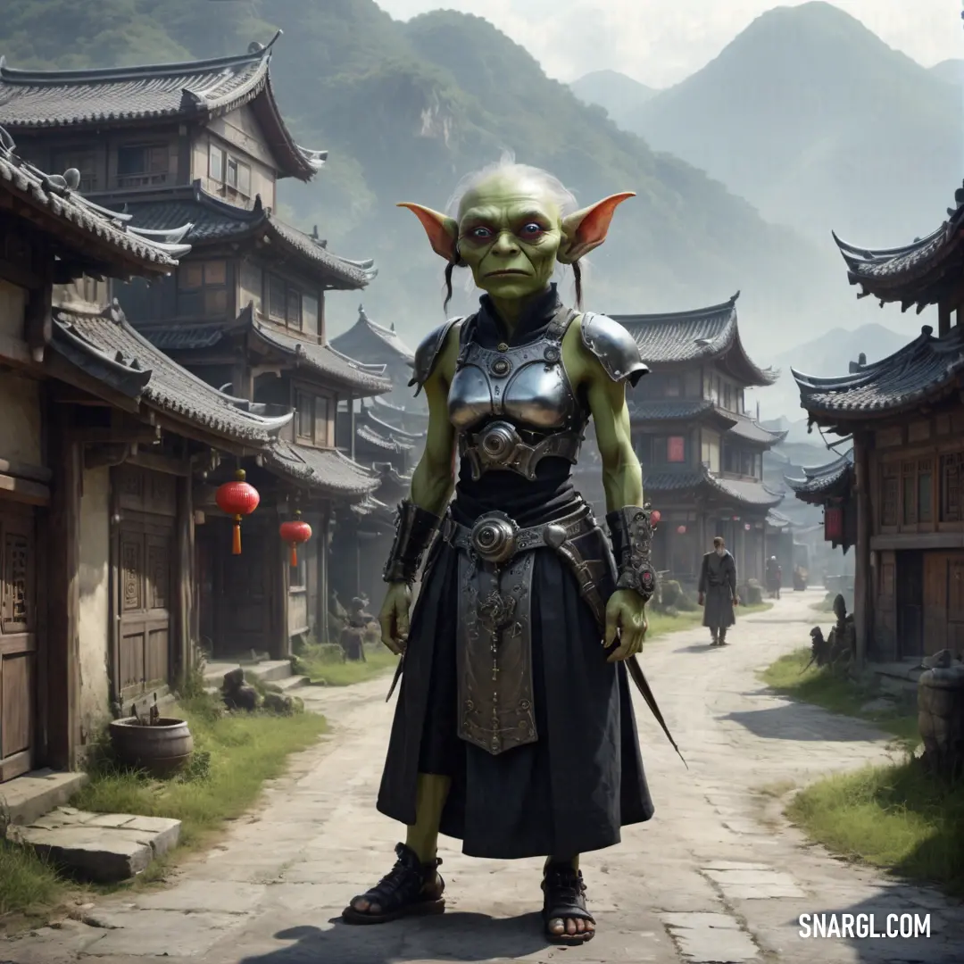 Goblin in a costume standing on a street in front of a mountain range with a village in the background