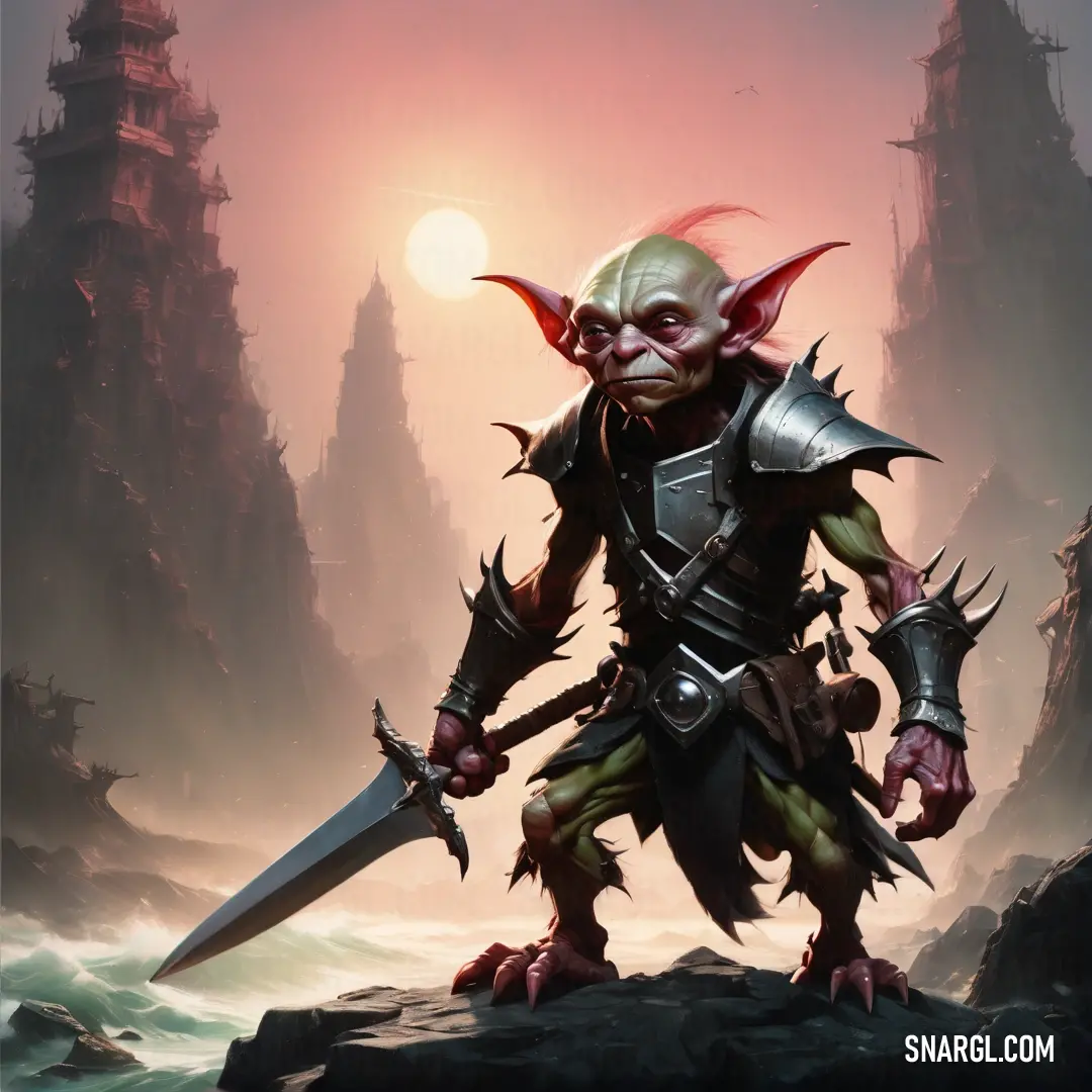 Painting of a Goblin holding a sword and a sword in his hand with a sunset in the background