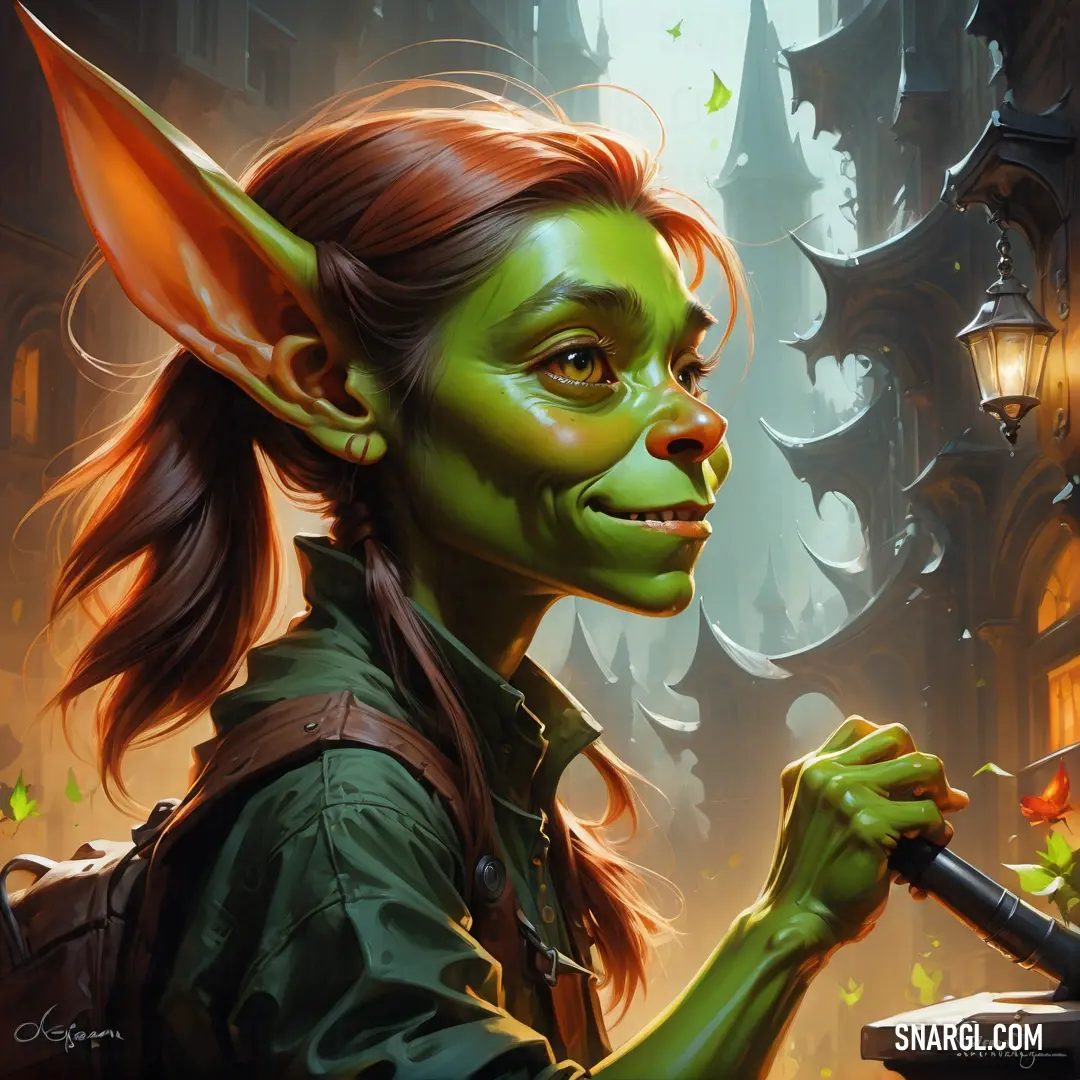 Painting of a female Goblin with a green costume and a green hat holding a knife in her hand and looking at the camera