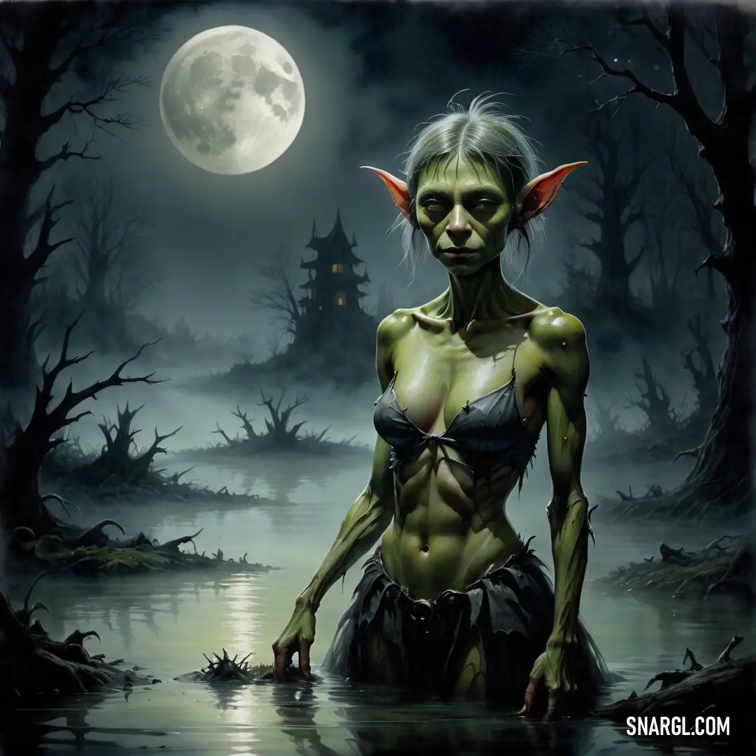 Painting of a woman with a green body and red horns in a swampy area with a full moon in the background