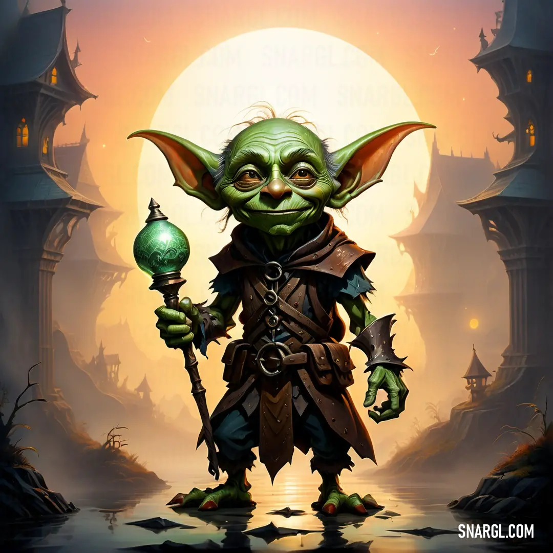 Painting of a yoda holding a green ball and a staff in front of a castle with a full moon