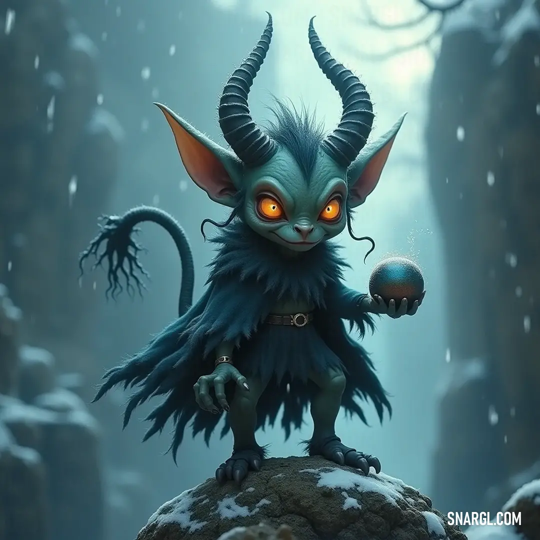 The whimsical Goblin is ready for fun, standing proudly with a balanced ball in hand, destined to captivate adventurers in its enchanting realm. A small goblin with a playful demeanor boasts horns and a gleaming ball, ready to engage in spirited antics amid a mystical landscape.