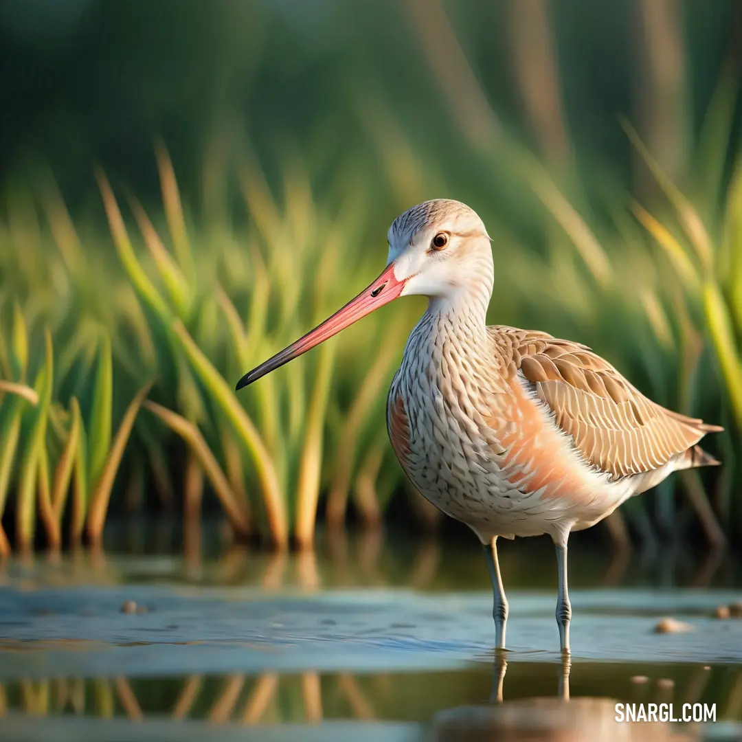 A Godwit stands in the calm waters near the shoreline, surrounded by lush grass and water plants. Its sharp, long beak cuts through the air as it keeps a steady watch over the peaceful landscape.