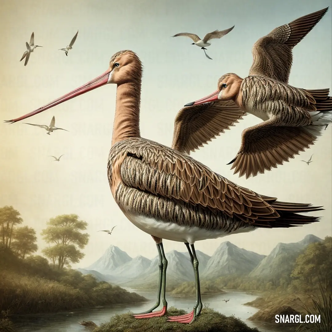 Two birds soar gracefully over a glistening body of water, with other birds flying nearby and a majestic mountain looming in the background, creating a peaceful and expansive natural scene.