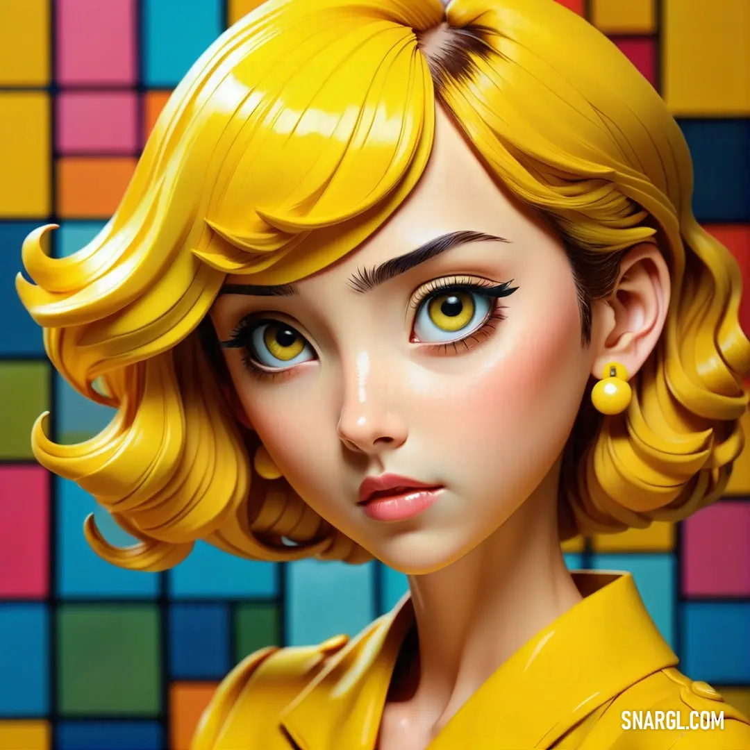 Digital painting of a woman with blonde hair and blue eyes wearing a yellow shirt and earrings. Color RGB 255,215,0.