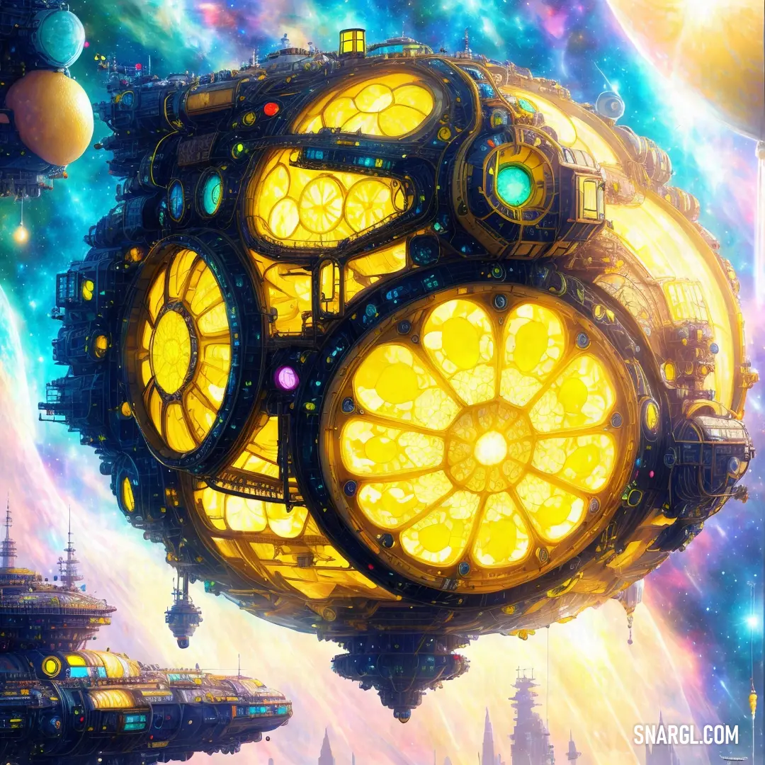 Futuristic space station with a large yellow object in the center of the image