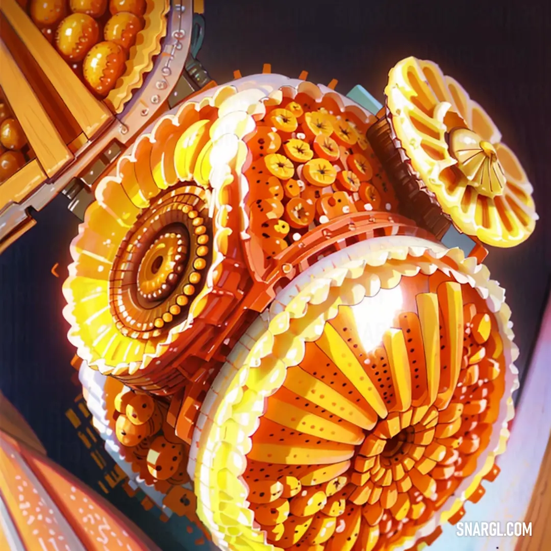 Close up of a bunch of colorful objects in a room with lights on it and a ceiling fan. Example of Gold color.