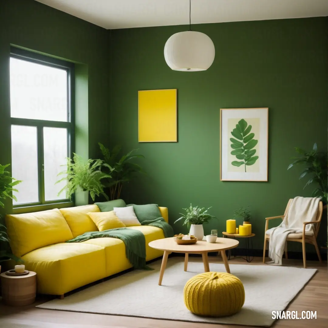 Gold color. Living room with a yellow couch and green walls and a white rug on the floor