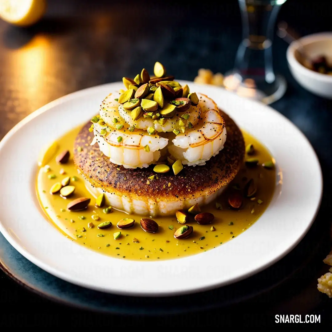 Gold color. Plate of food with a lot of food on it on a table with a glass of wine