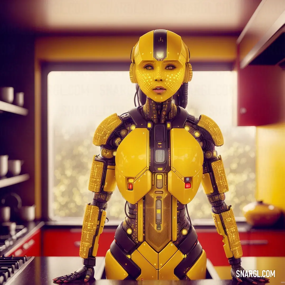 Robot standing in a kitchen with a window behind it and a stove top oven in the background. Color CMYK 0,16,100,0.