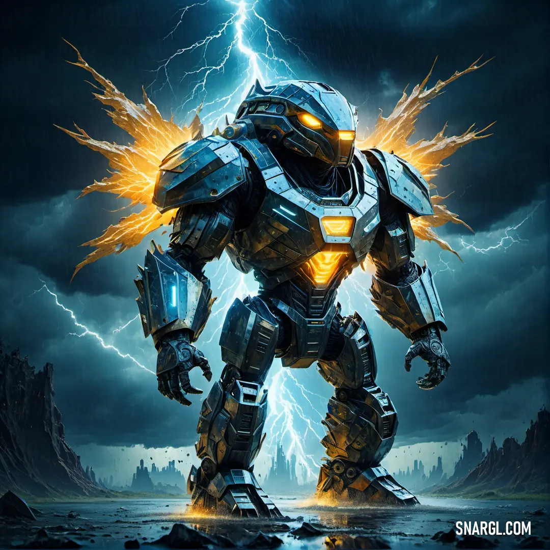 Robot with lightning in the background. Color Gold.