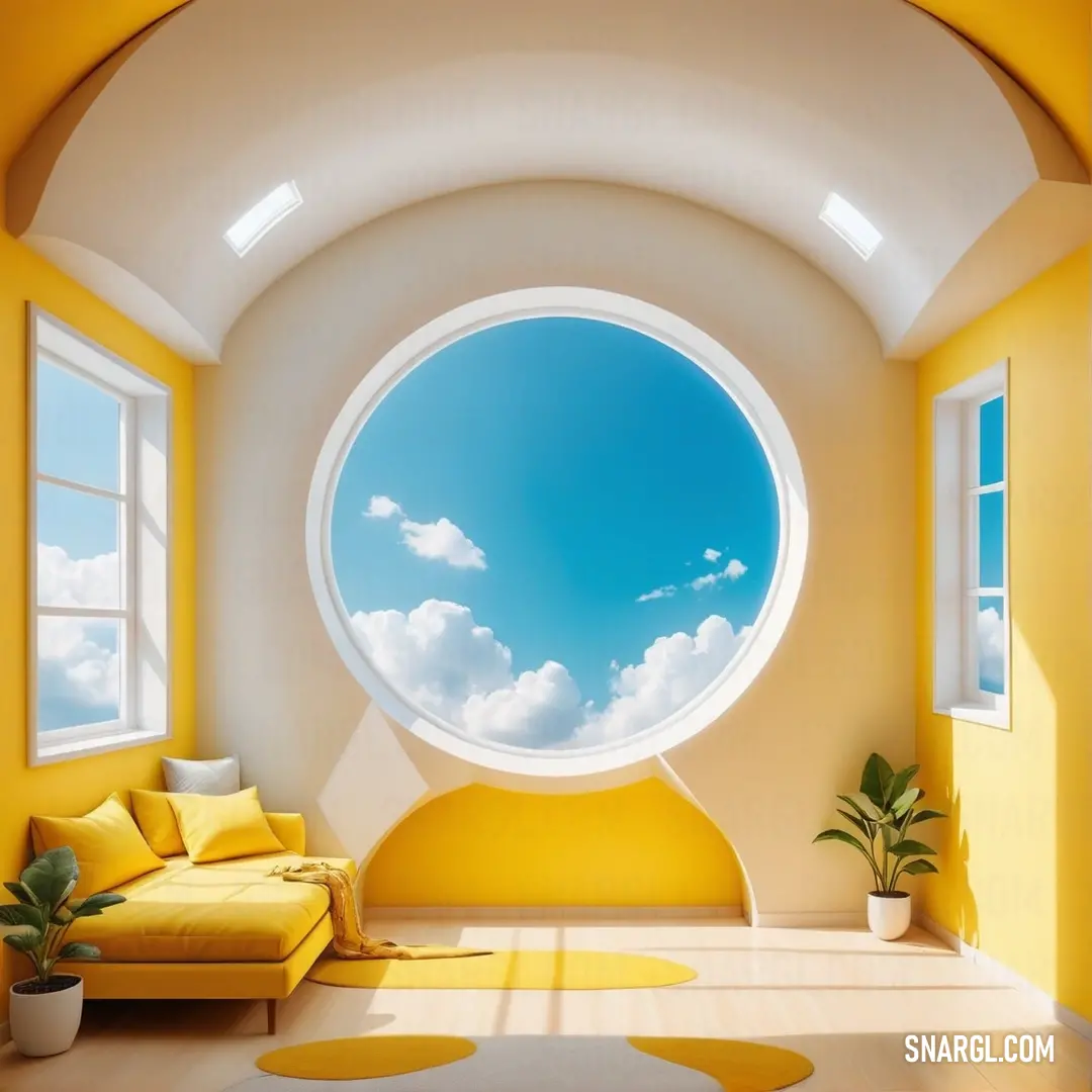 Room with a yellow couch and a round window with a sky view of the clouds in the sky. Example of Gold color.