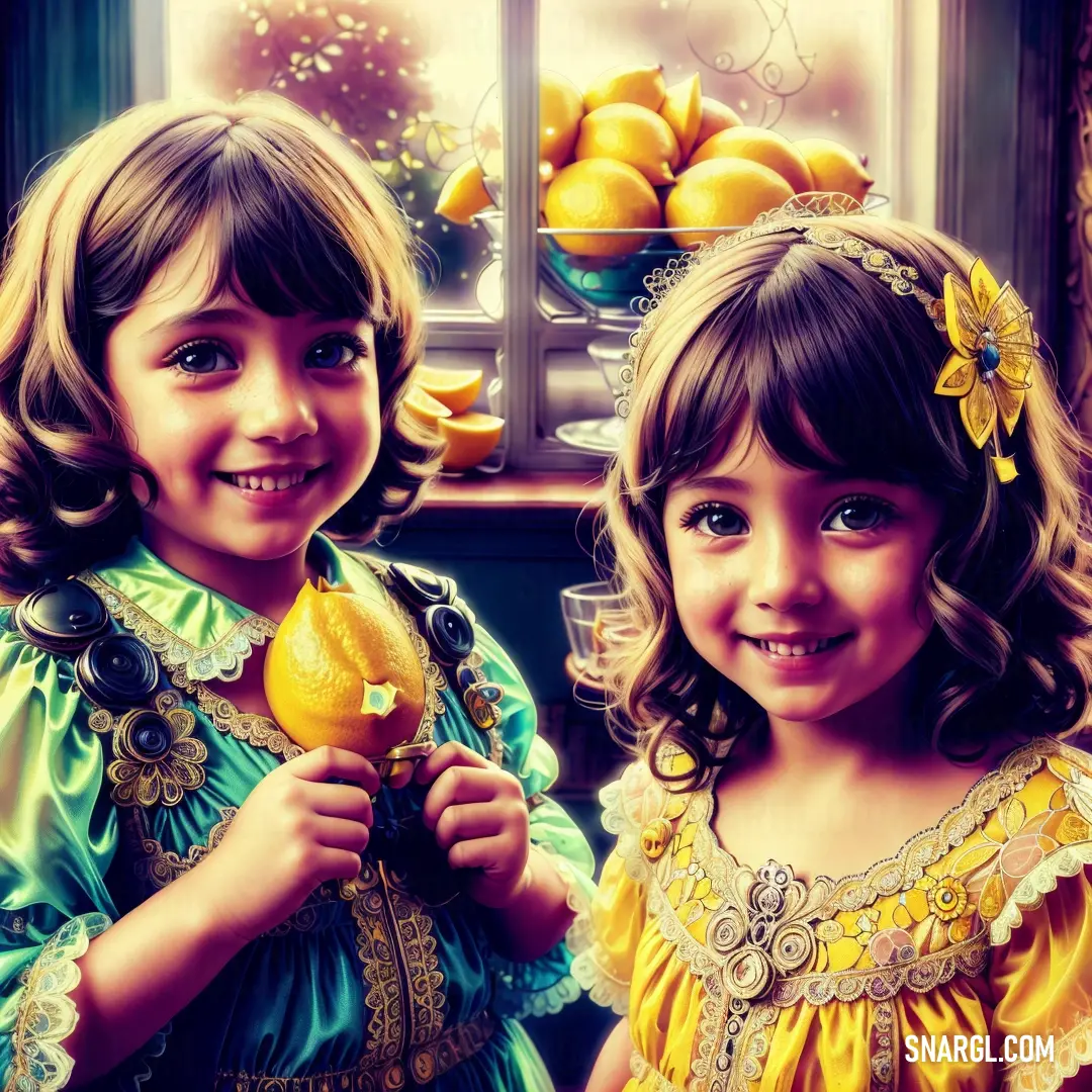 Two little girls holding oranges in front of a window with a bowl of fruit in the background. Color RGB 255,215,0.