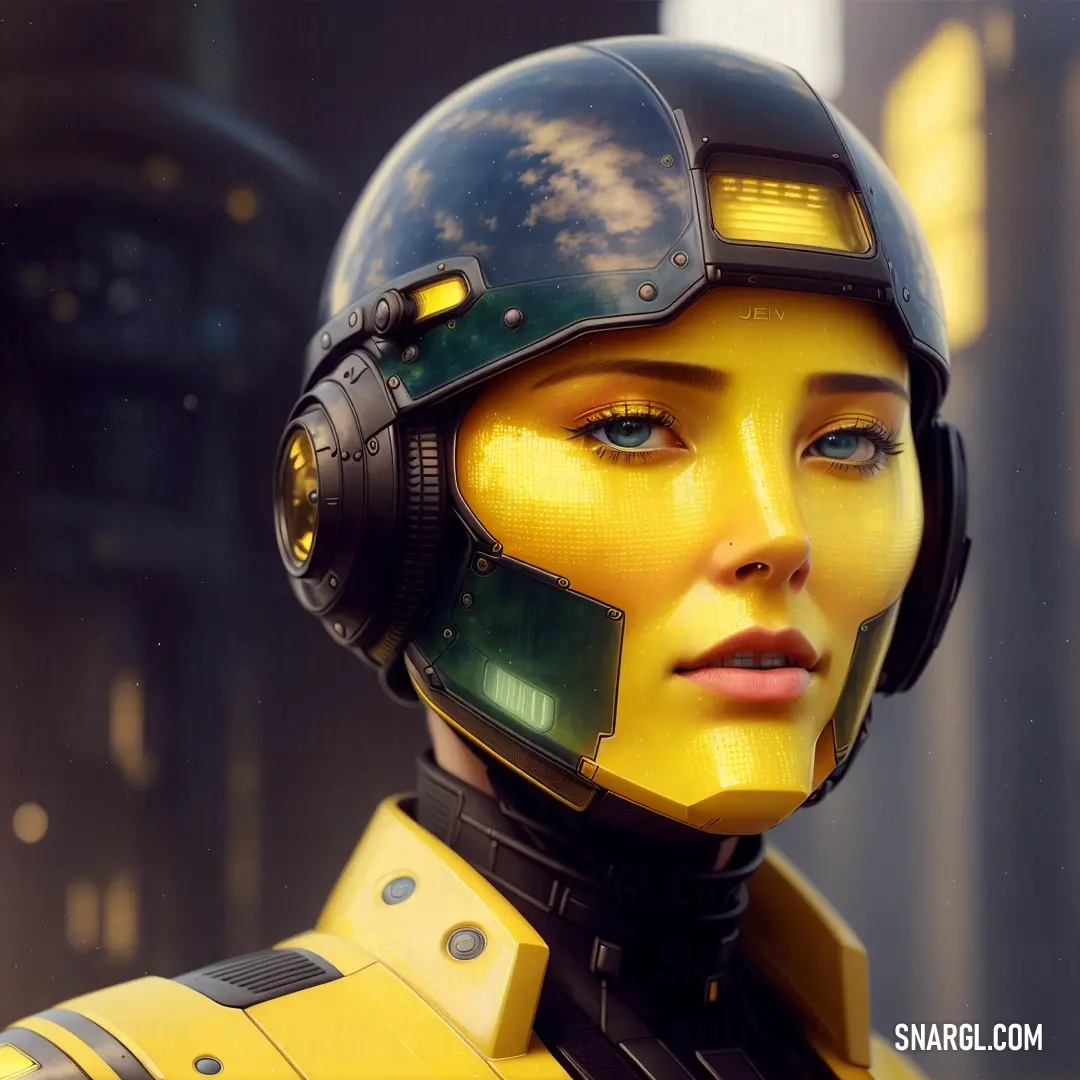 Woman in a yellow helmet and yellow jacket. Color RGB 255,215,0.