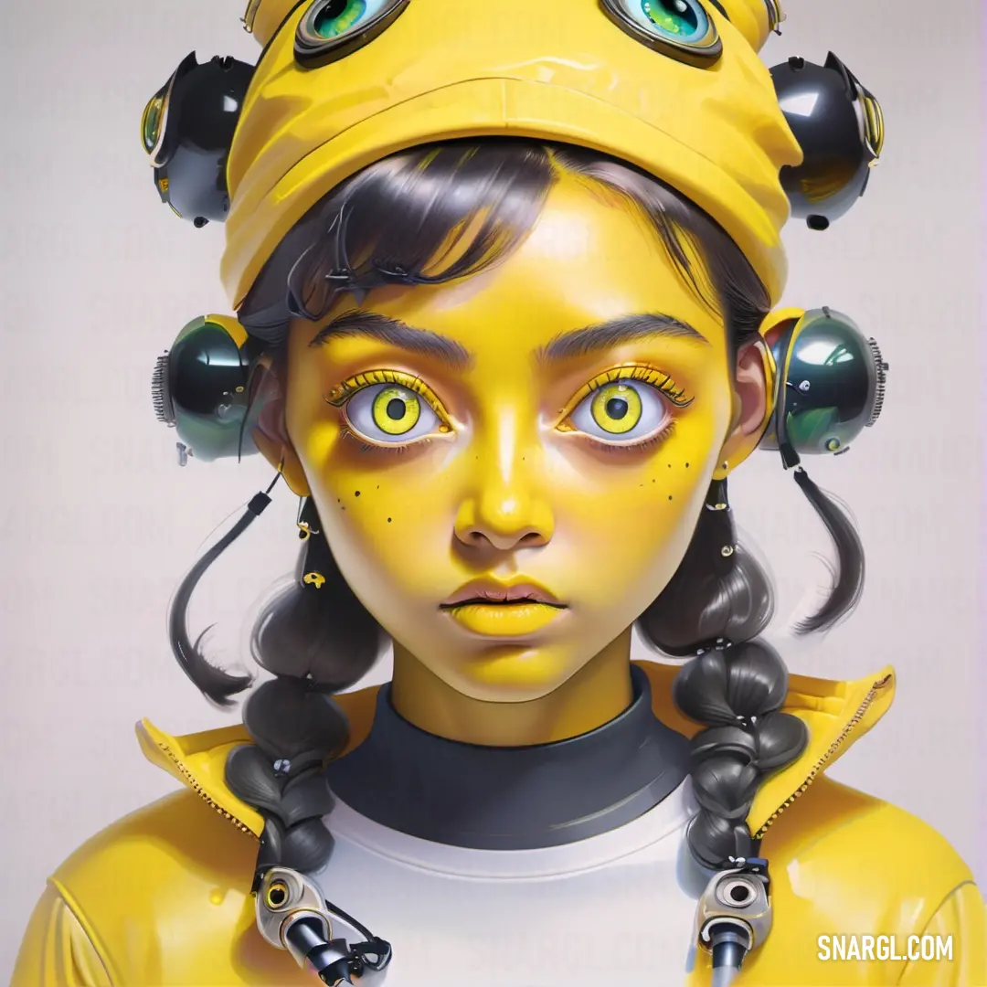 Woman with yellow and black hair wearing a yellow helmet and ear phones on her head and eyes are green. Color #FFD700.