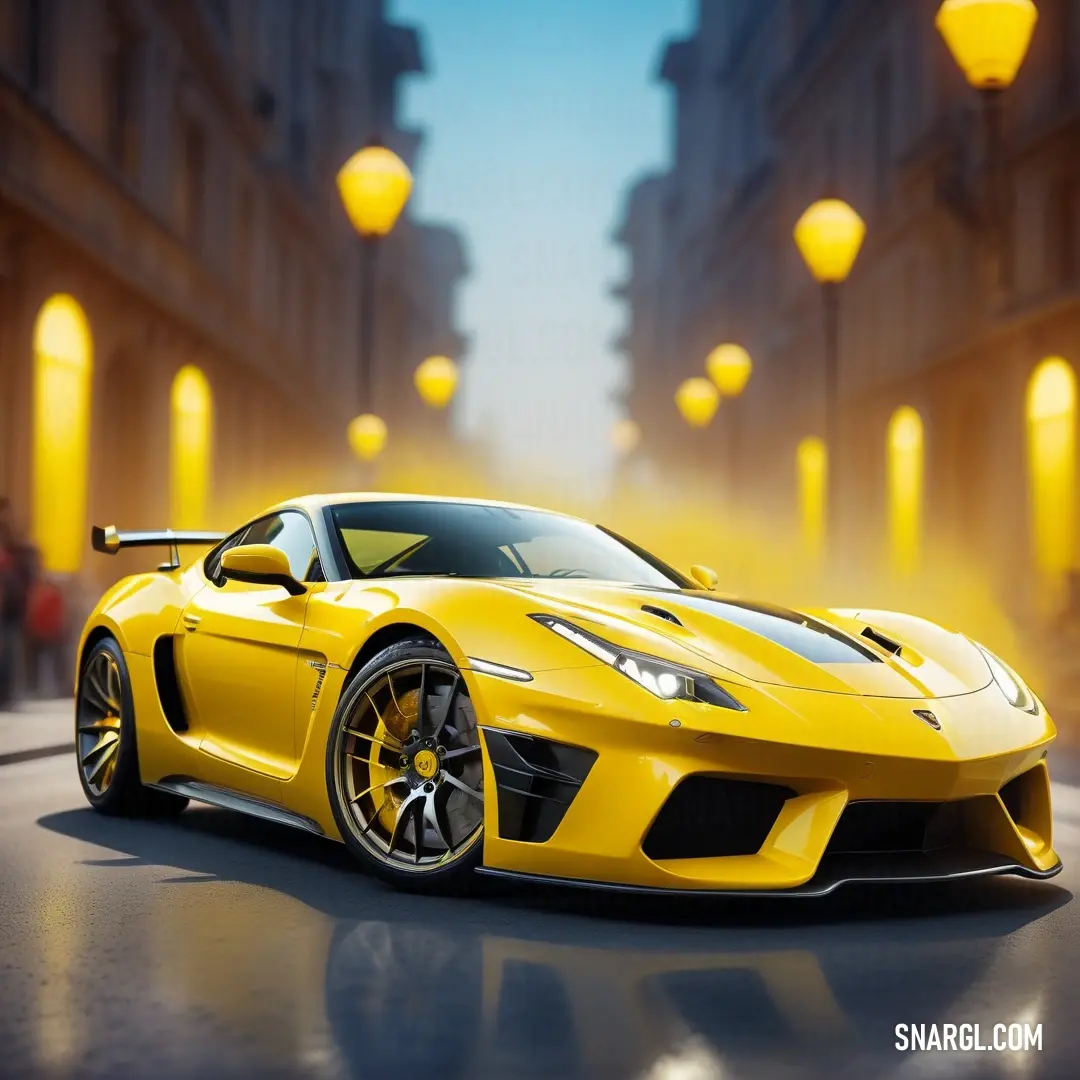 Yellow sports car parked in a street at night. Example of CMYK 0,16,100,0 color.
