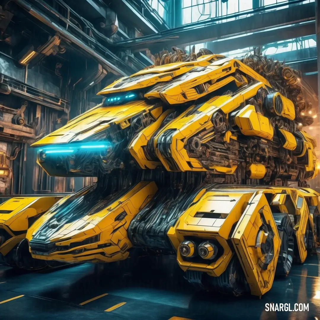 Yellow vehicle with a large engine in a factory area with a large amount of machinery on the ground. Color RGB 255,215,0.