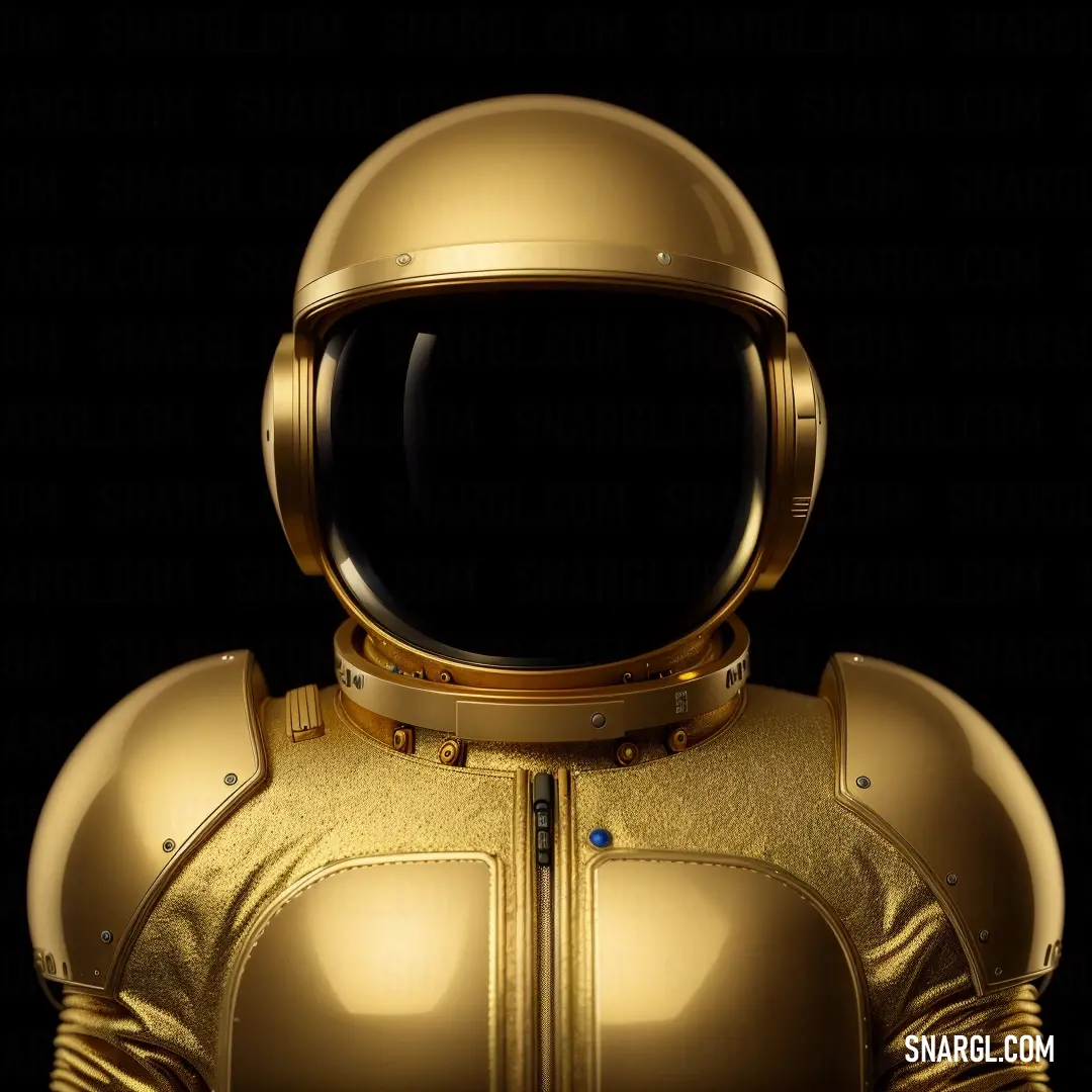 Gold suit with a helmet on it is shown in the dark background