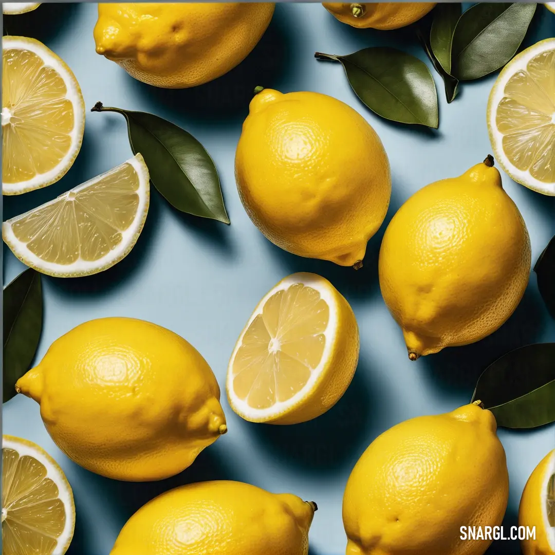 Group of lemons with leaves and one cut in half on a blue background. Example of Gold color.