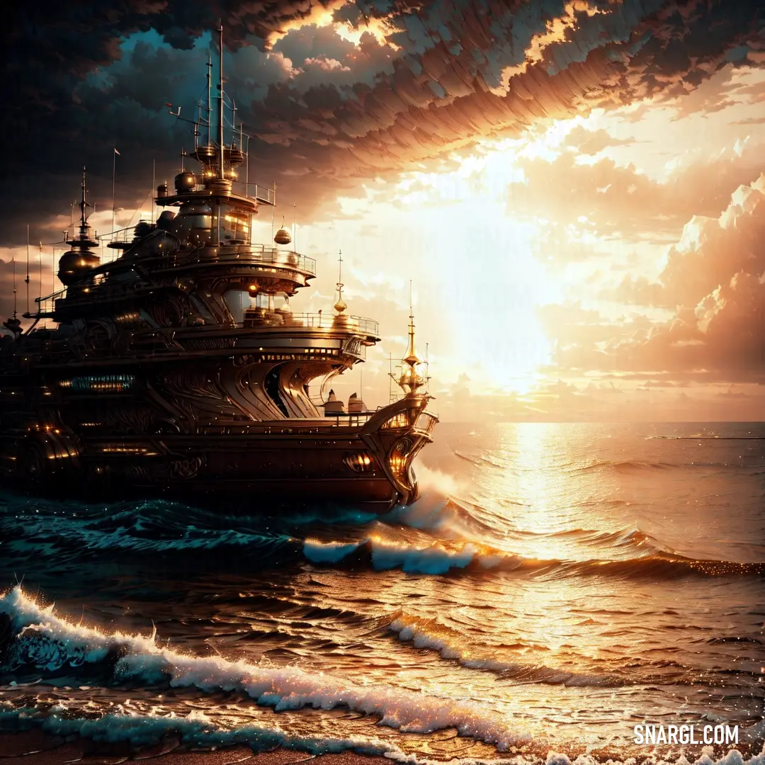 Large ship in the ocean with a sunset in the background and clouds in the sky above it