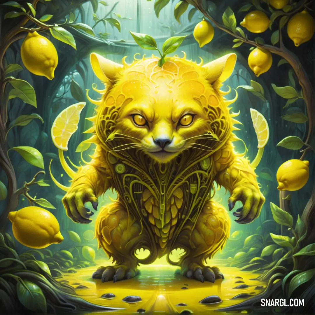 Gold color example: Painting of a yellow cat in a forest with lemons on its back and a tree