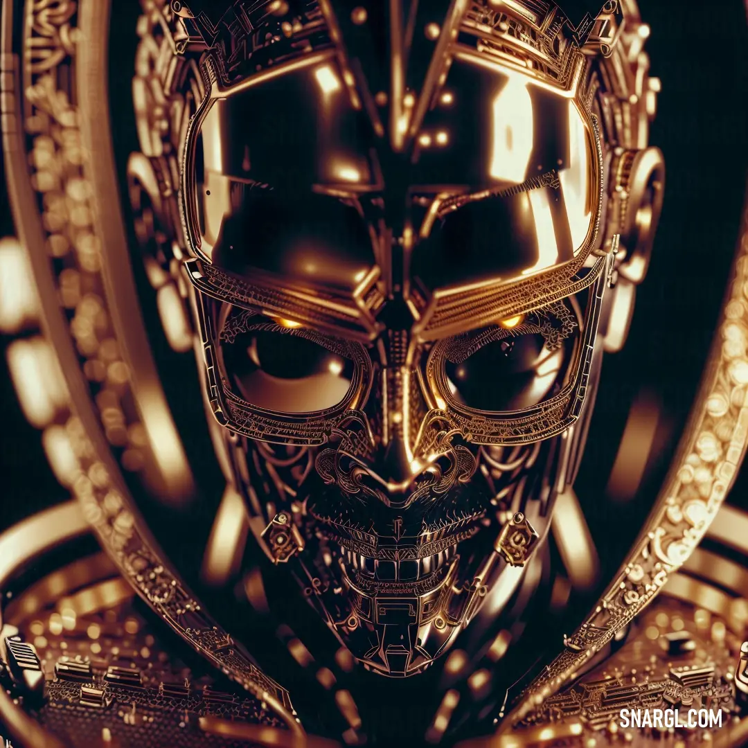 Robot with a gold face and intricate patterns on it's face and body