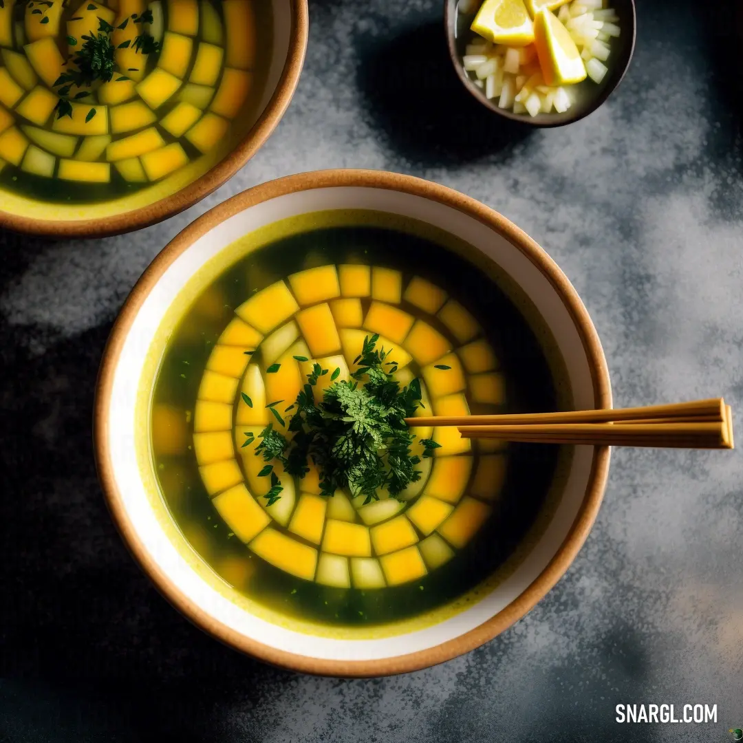 Two bowls of soup with chopsticks and a bowl of soup with a lemon wedge on the side